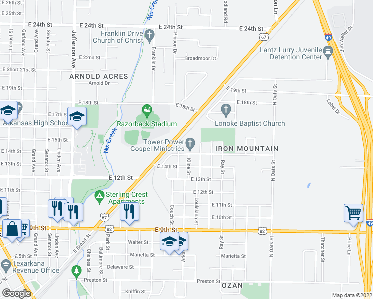 map of restaurants, bars, coffee shops, grocery stores, and more near 1501 Kline Street in Texarkana