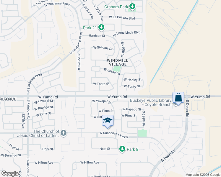 map of restaurants, bars, coffee shops, grocery stores, and more near 22148 West Desert Bloom Street in Buckeye