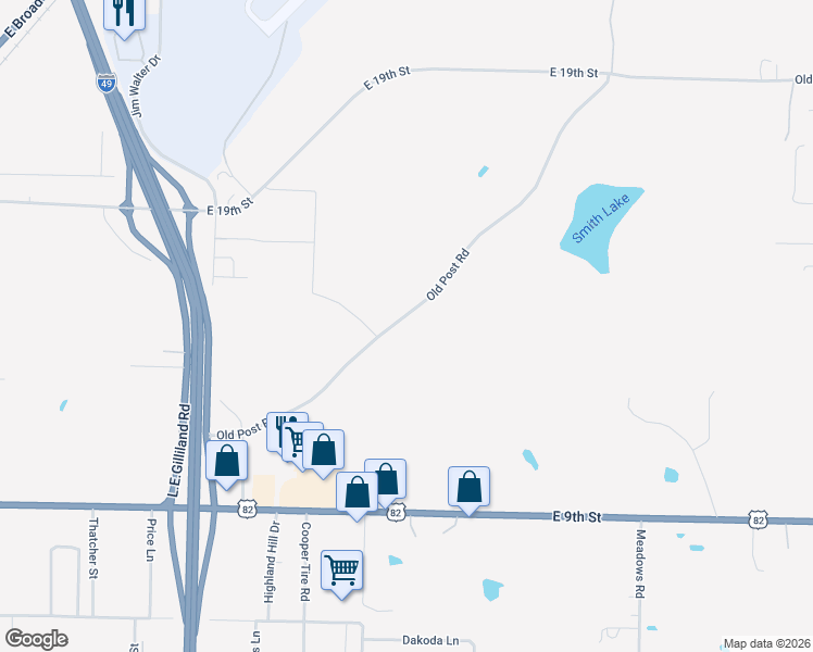 map of restaurants, bars, coffee shops, grocery stores, and more near 1700 Old Post Road in Texarkana