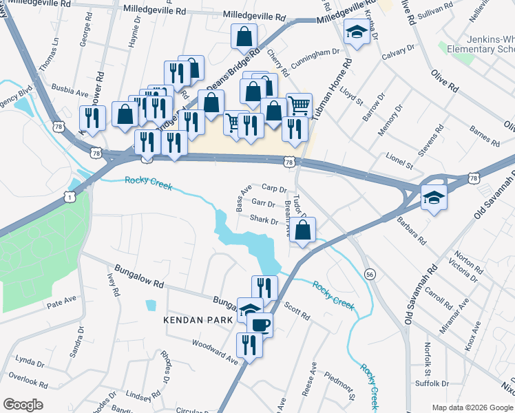 map of restaurants, bars, coffee shops, grocery stores, and more near 2009 Garr Drive in Augusta