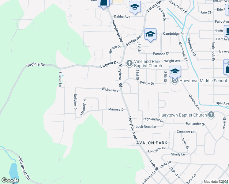 map of restaurants, bars, coffee shops, grocery stores, and more near 101 Walker Avenue in Hueytown