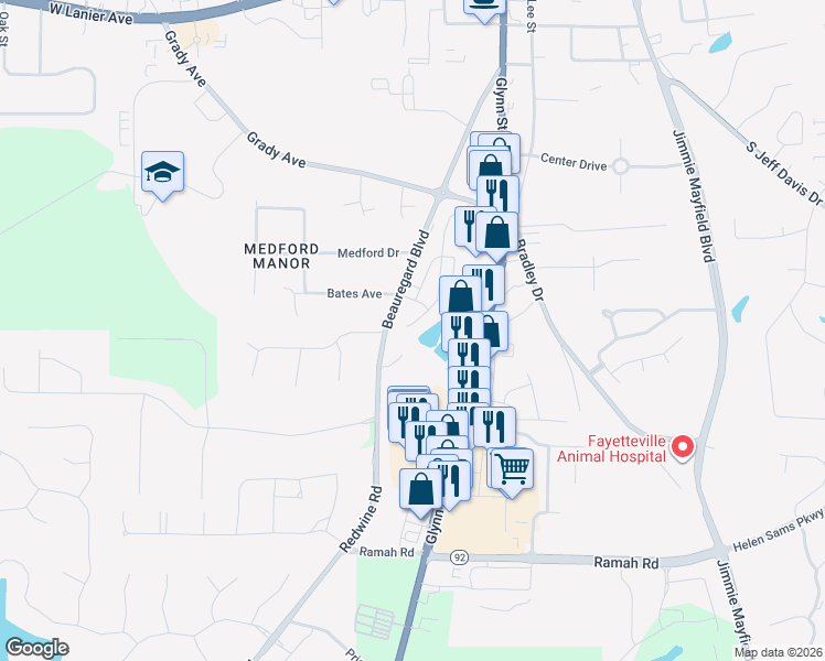 map of restaurants, bars, coffee shops, grocery stores, and more near 350 Stayman Park in Fayetteville