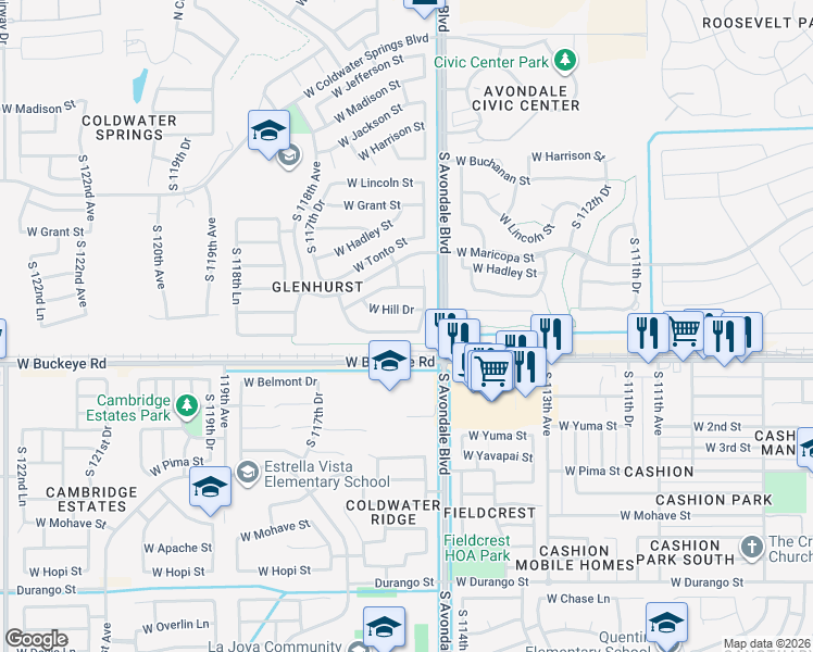 map of restaurants, bars, coffee shops, grocery stores, and more near 11564 West Western Avenue in Avondale