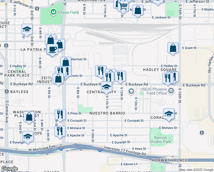 map of restaurants, bars, coffee shops, grocery stores, and more near 1222 South 11th Street in Phoenix
