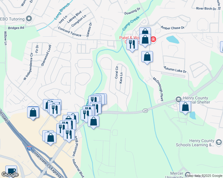 map of restaurants, bars, coffee shops, grocery stores, and more near 700 Saddlecreek Drive in McDonough