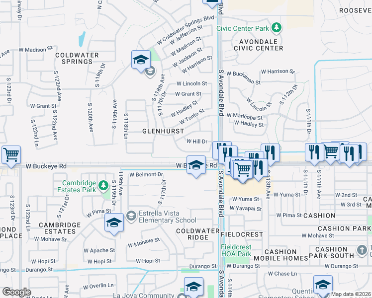 map of restaurants, bars, coffee shops, grocery stores, and more near 11622 West Western Avenue in Avondale