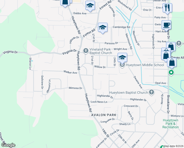 map of restaurants, bars, coffee shops, grocery stores, and more near 148 Highland Drive in Hueytown