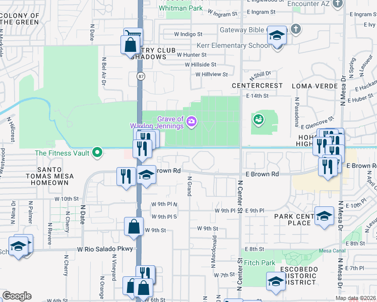 map of restaurants, bars, coffee shops, grocery stores, and more near 130 West Brown Road in Mesa