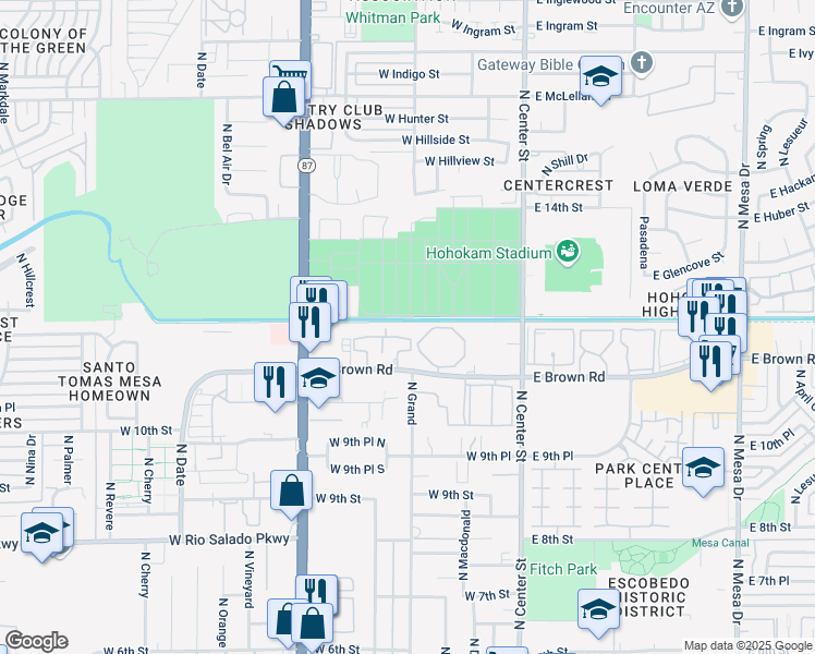 map of restaurants, bars, coffee shops, grocery stores, and more near 130 West Brown Road in Mesa