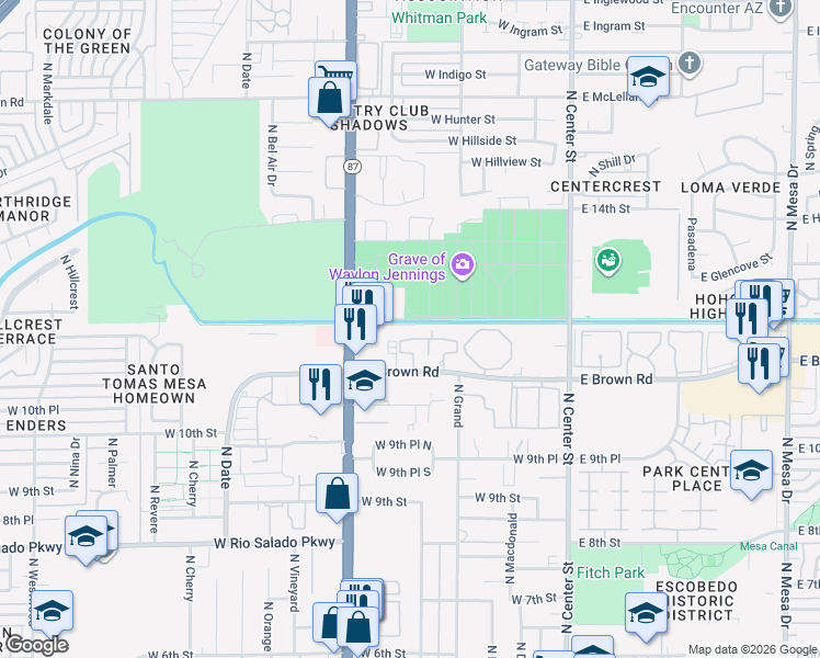 map of restaurants, bars, coffee shops, grocery stores, and more near 242 West Brown Road in Mesa