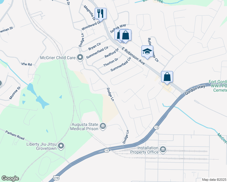 map of restaurants, bars, coffee shops, grocery stores, and more near 701 Benelli Court in Grovetown