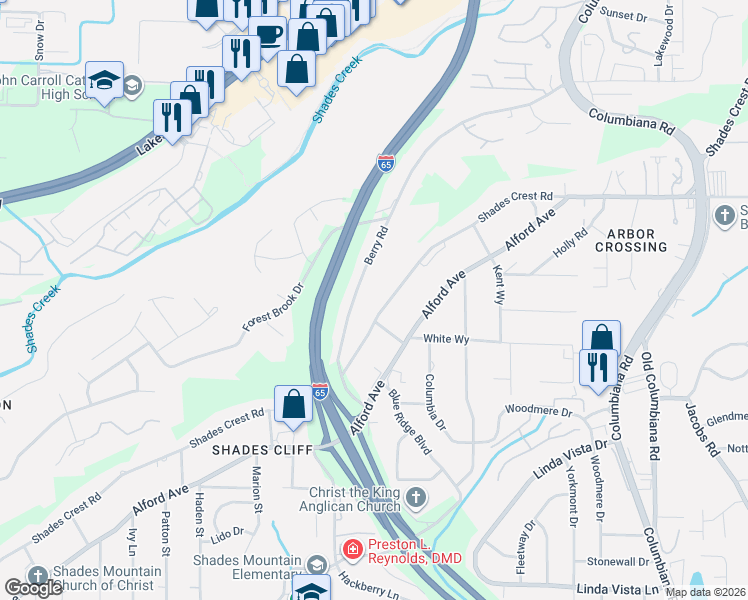 map of restaurants, bars, coffee shops, grocery stores, and more near 1406 County Road 97 in Hoover