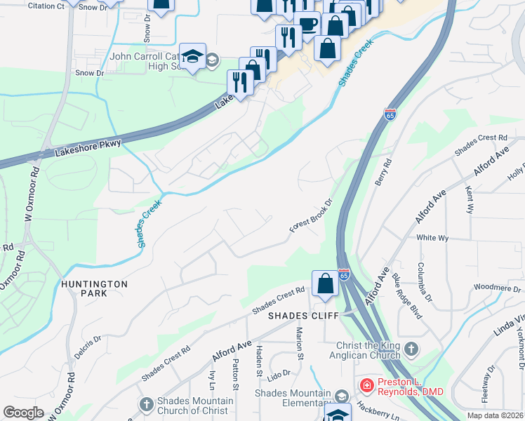 map of restaurants, bars, coffee shops, grocery stores, and more near 1040 Shades Glen Drive in Birmingham