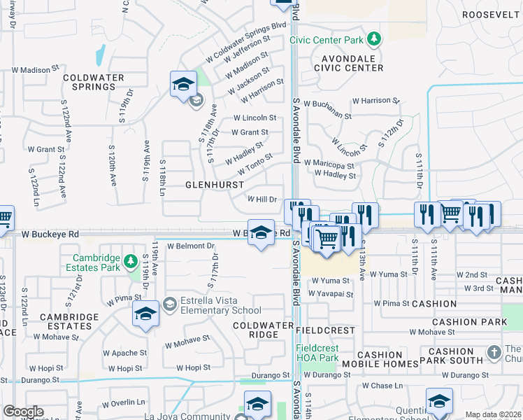 map of restaurants, bars, coffee shops, grocery stores, and more near 11564 West Western Avenue in Avondale