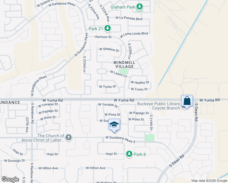 map of restaurants, bars, coffee shops, grocery stores, and more near 22148 West Desert Bloom Street in Buckeye