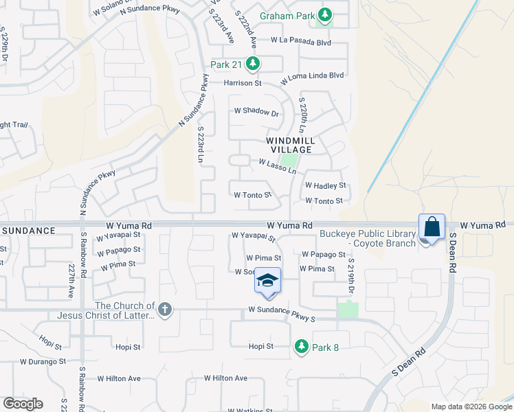 map of restaurants, bars, coffee shops, grocery stores, and more near 22214 West Desert Bloom Street in Buckeye