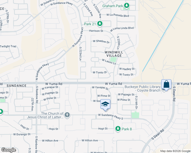 map of restaurants, bars, coffee shops, grocery stores, and more near 22214 West Desert Bloom Street in Buckeye