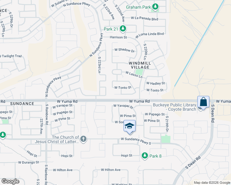 map of restaurants, bars, coffee shops, grocery stores, and more near 22276 West Desert Bloom Street in Buckeye
