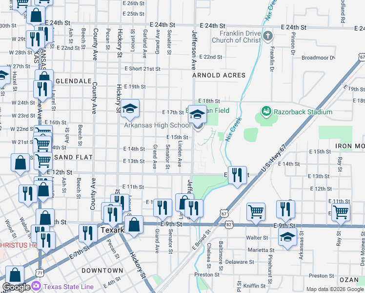 map of restaurants, bars, coffee shops, grocery stores, and more near 1201 East 14th Street in Texarkana