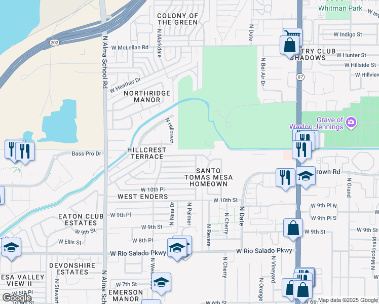 map of restaurants, bars, coffee shops, grocery stores, and more near 832 West Mountain View Drive in Mesa