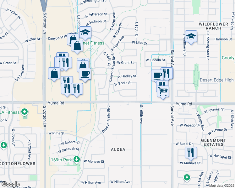 map of restaurants, bars, coffee shops, grocery stores, and more near 1090 South 166th Avenue in Goodyear