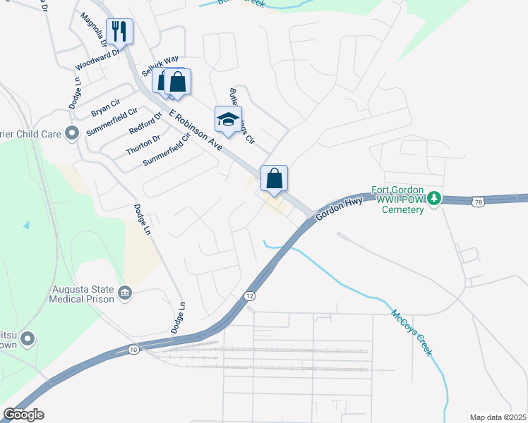 map of restaurants, bars, coffee shops, grocery stores, and more near 1518 Chase Creek Drive in Grovetown