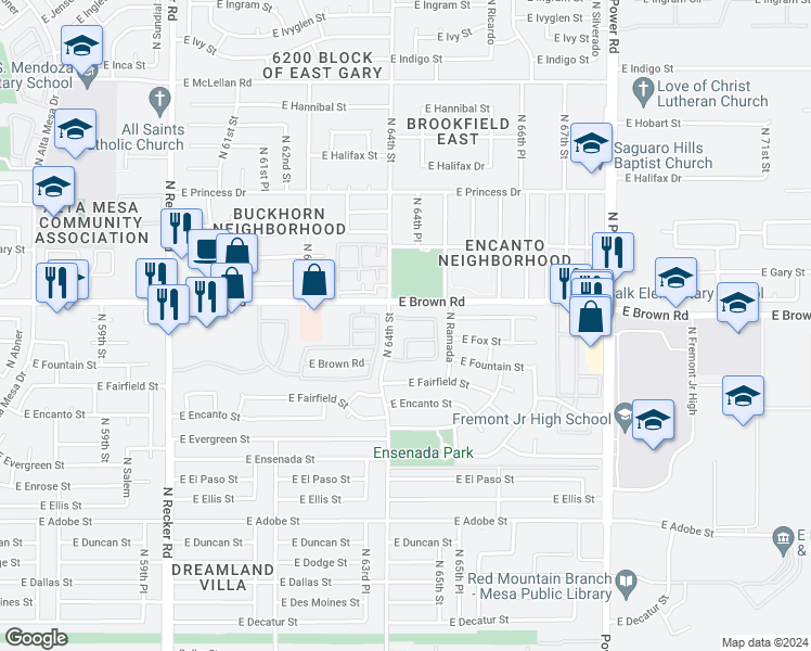 map of restaurants, bars, coffee shops, grocery stores, and more near 1111 North 64th Street in Mesa