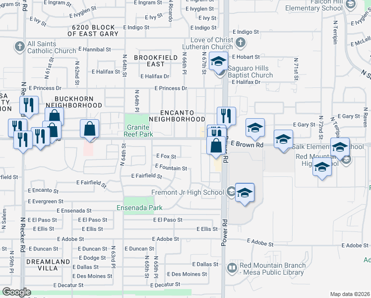 map of restaurants, bars, coffee shops, grocery stores, and more near 6647 East Fairbrook Circle in Mesa
