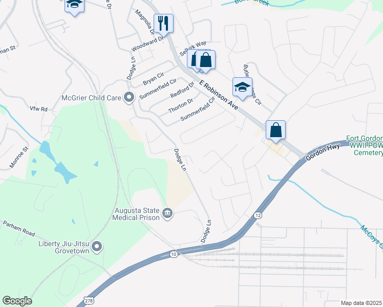 map of restaurants, bars, coffee shops, grocery stores, and more near 733 Benelli Court in Grovetown
