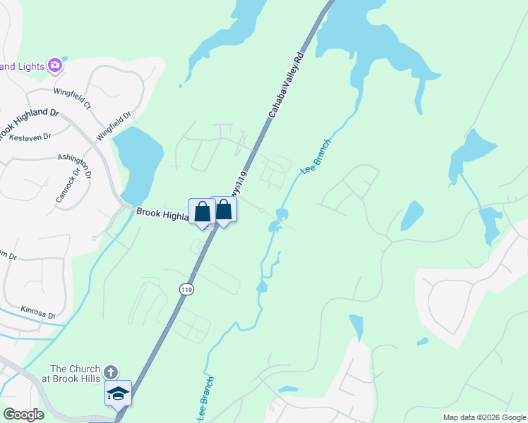 map of restaurants, bars, coffee shops, grocery stores, and more near Lee Branch Lane in Birmingham