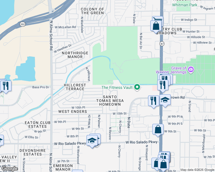 map of restaurants, bars, coffee shops, grocery stores, and more near 730 West Mountain View Drive in Mesa