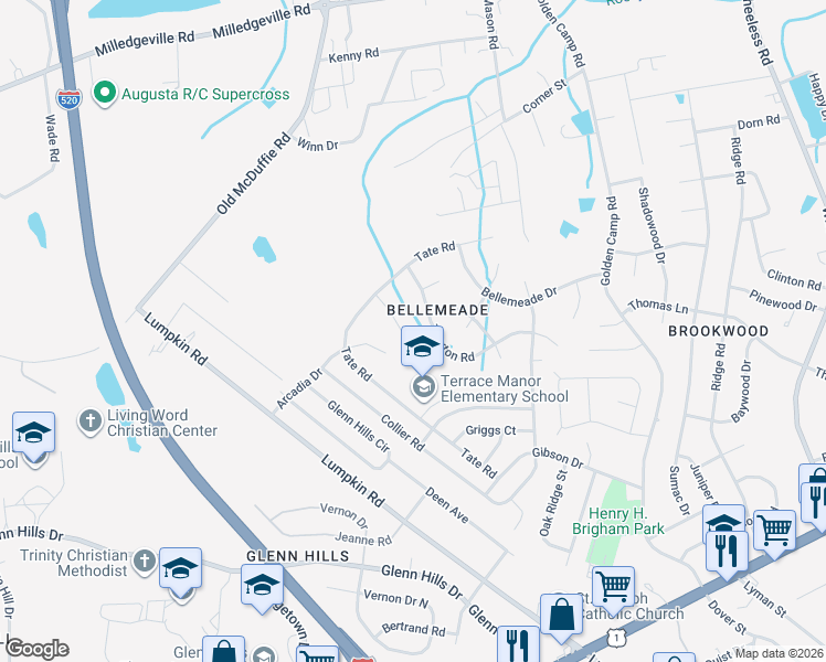 map of restaurants, bars, coffee shops, grocery stores, and more near 3144 Truxton Road in Augusta