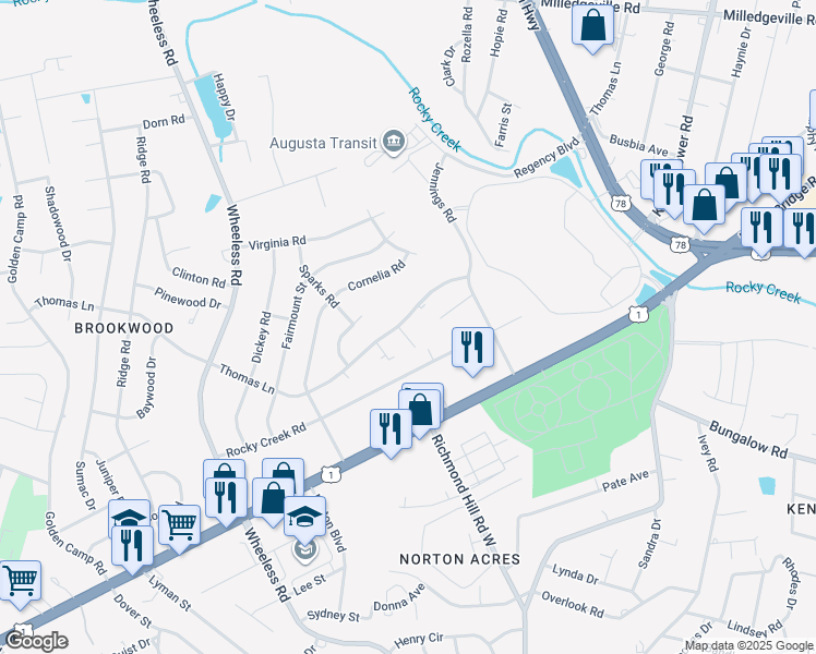 map of restaurants, bars, coffee shops, grocery stores, and more near 2814 Thomas Lane in Augusta