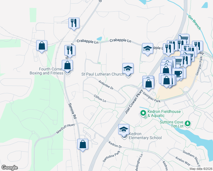 map of restaurants, bars, coffee shops, grocery stores, and more near 128 Ardenlee Dr in Peachtree City