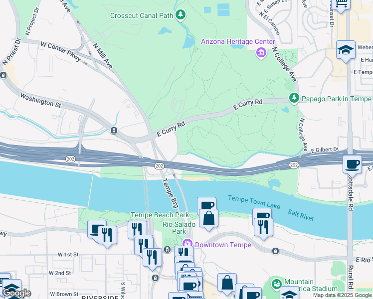 map of restaurants, bars, coffee shops, grocery stores, and more near in Tempe