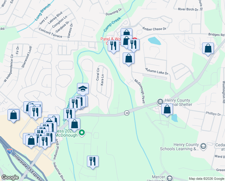 map of restaurants, bars, coffee shops, grocery stores, and more near 150 Prity Court in McDonough