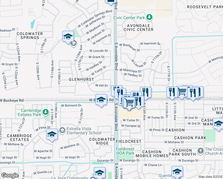 map of restaurants, bars, coffee shops, grocery stores, and more near 1113 South 115th Drive in Avondale