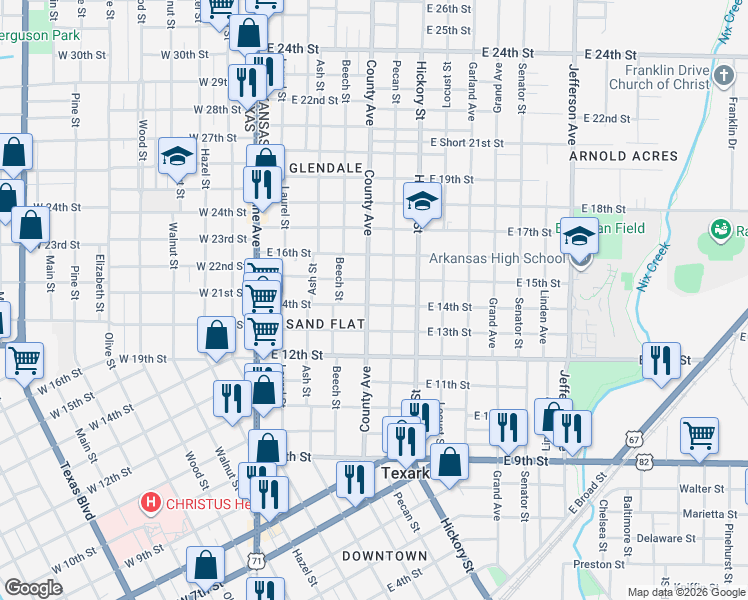 map of restaurants, bars, coffee shops, grocery stores, and more near 1404 County Avenue in Texarkana