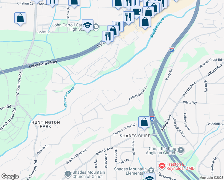 map of restaurants, bars, coffee shops, grocery stores, and more near 1600 Brookcrest Circle in Birmingham
