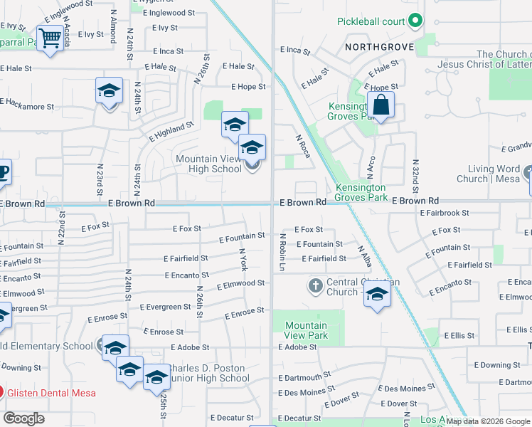 map of restaurants, bars, coffee shops, grocery stores, and more near North Lindsay Road in Mesa