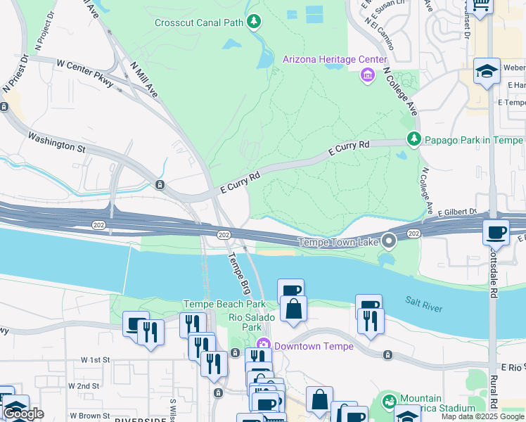 map of restaurants, bars, coffee shops, grocery stores, and more near in Tempe