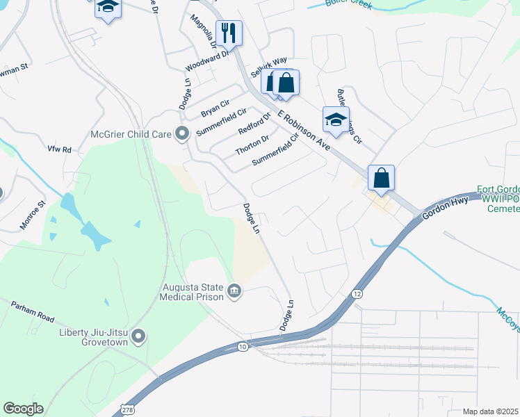 map of restaurants, bars, coffee shops, grocery stores, and more near 701 Benelli Court in Grovetown