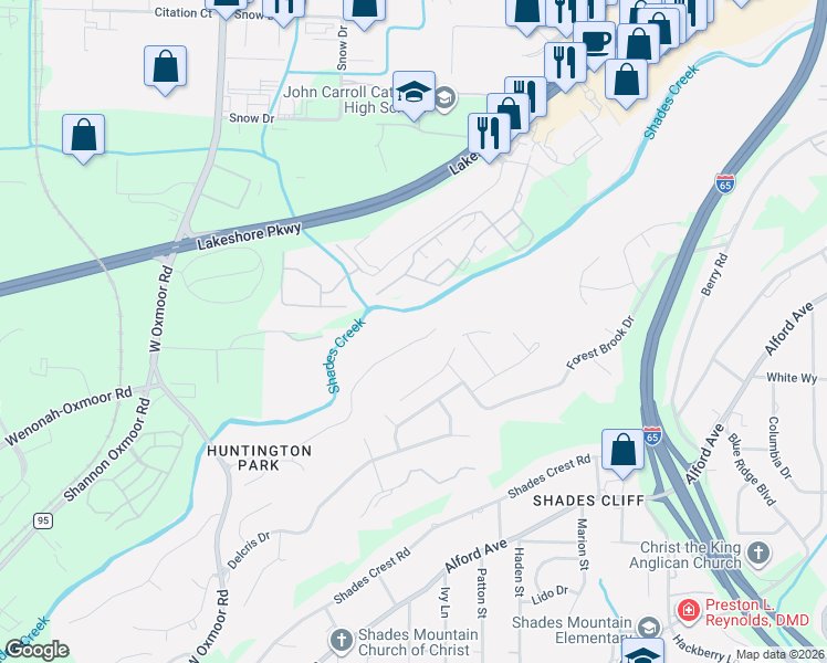map of restaurants, bars, coffee shops, grocery stores, and more near 2407 Huntington Glen Drive in Birmingham