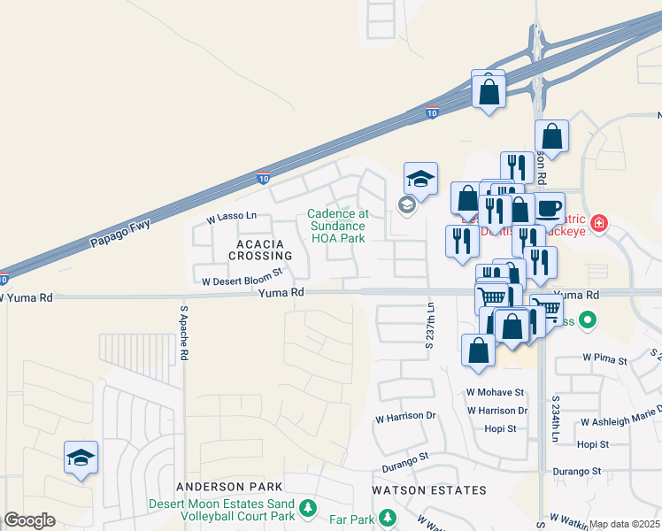 map of restaurants, bars, coffee shops, grocery stores, and more near 23946 West Desert Bloom Street in Buckeye