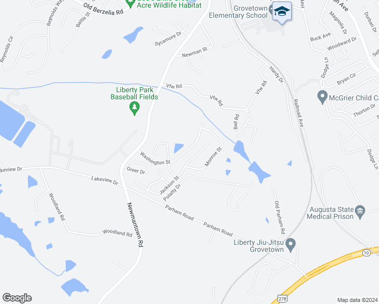 map of restaurants, bars, coffee shops, grocery stores, and more near 342 Washington Street in Grovetown