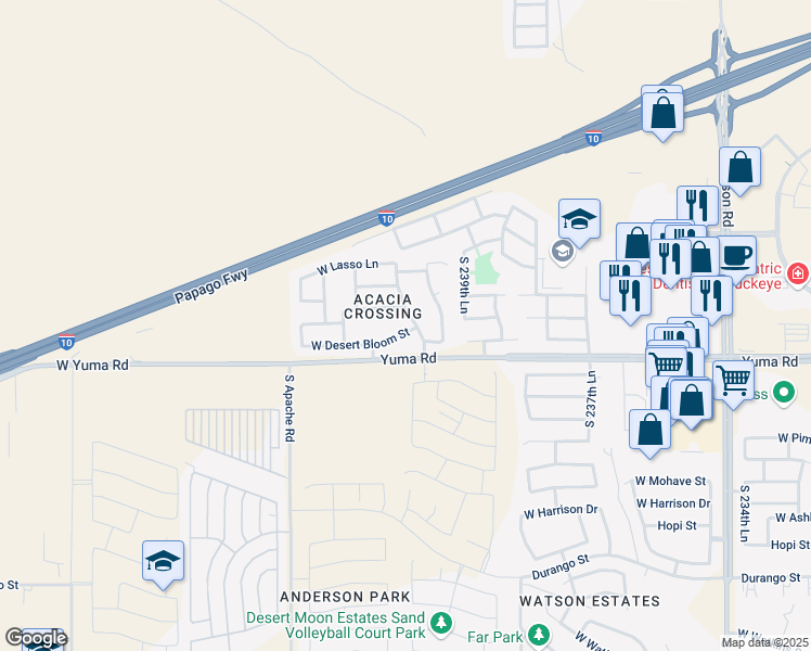 map of restaurants, bars, coffee shops, grocery stores, and more near 24112 West Desert Bloom Street in Buckeye