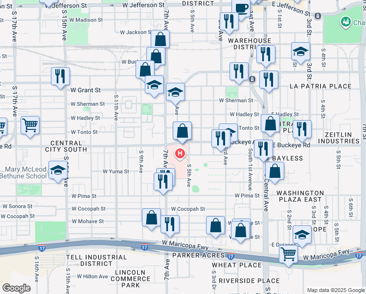 map of restaurants, bars, coffee shops, grocery stores, and more near 639 West Buckeye Road in Phoenix