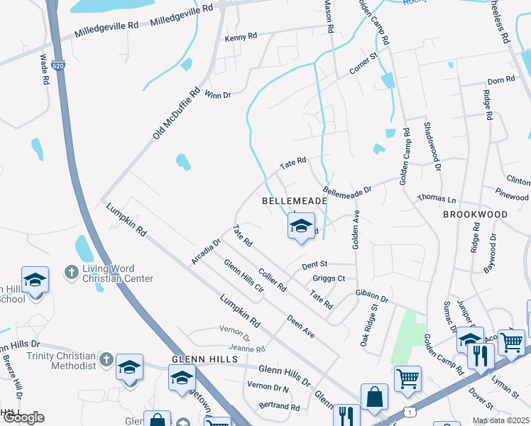 map of restaurants, bars, coffee shops, grocery stores, and more near 3009 Roxbury Court in Augusta