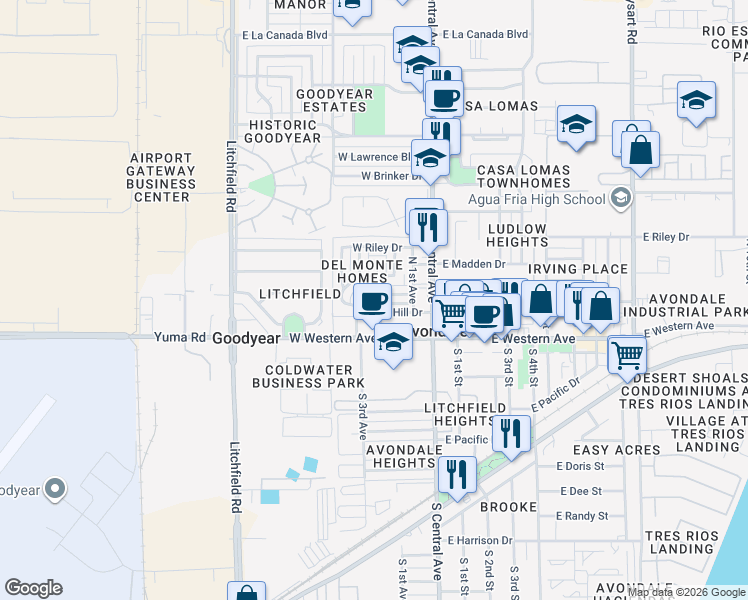 map of restaurants, bars, coffee shops, grocery stores, and more near 116 West Hill Drive in Avondale