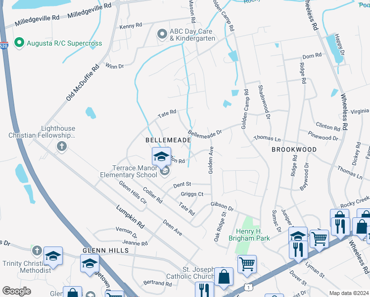 map of restaurants, bars, coffee shops, grocery stores, and more near 2408 Hardwick Road in Augusta